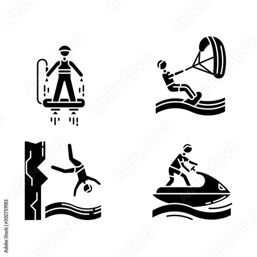 Watersports glyph icons set. Flyboarding, kiteboarding, cliff diving and jetskiing. Extreme kinds of sport. Ocean and sea beach leisure. Silhouette symbols. Vector isolated illustration