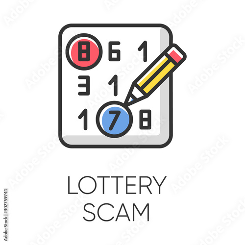 Lottery scam color icon. Advance-fee fraud. Scratch-and-win promotion. Lucky draw. Sweepstake contest. Prize scamming. Gambling. Upfront payment. Fraudulent scheme. Isolated vector illustration