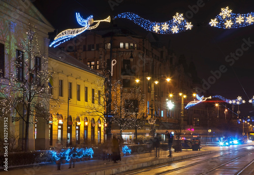 Holiday decorations of Piac street in Debrecen. Hungary photo