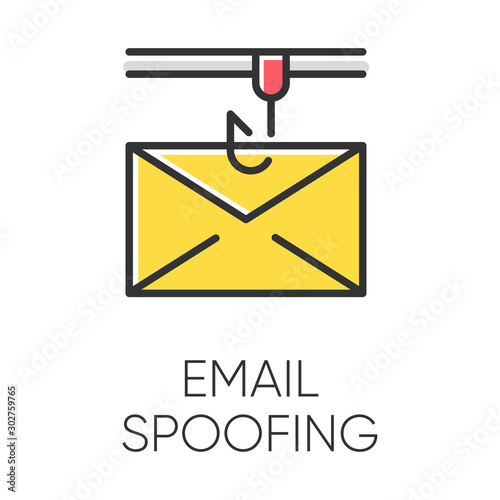 Email spoofing color icon. Illegitimate business. Forged sender. Online scam. Spamming. Fake email header. Mail phishing. Cybercrime. Malicious, fraudulent scheme. Isolated vector illustration