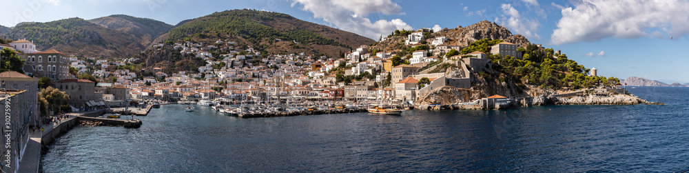 Panorama of pier and village in Hydra island