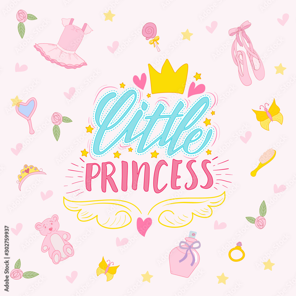 lettering little princess and set of drawn elements for a girl