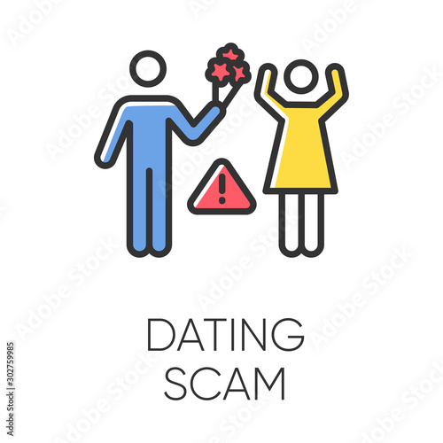 Dating scam color icon. Online romance fraud. Fake dating service. False romantic intentions, love promises. Money request. Confidence trick. Malicious, fraudulent scheme. Isolated vector illustration