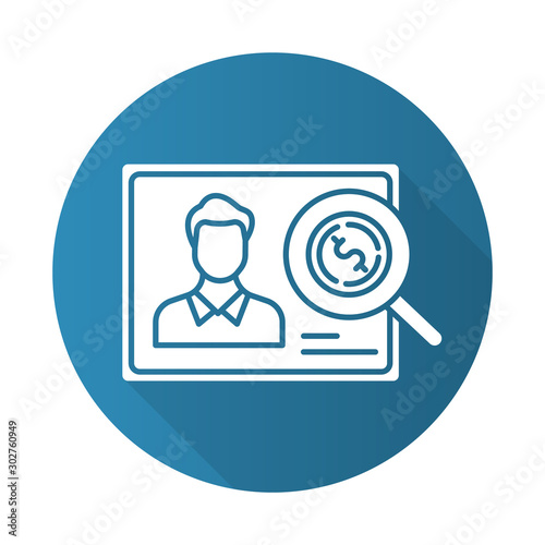 Verifying creditworthiness blue flat design long shadow glyph icon. Examining personal credit history. Financial report. Economy business. Investment, budget graph. Vector silhouette illustration