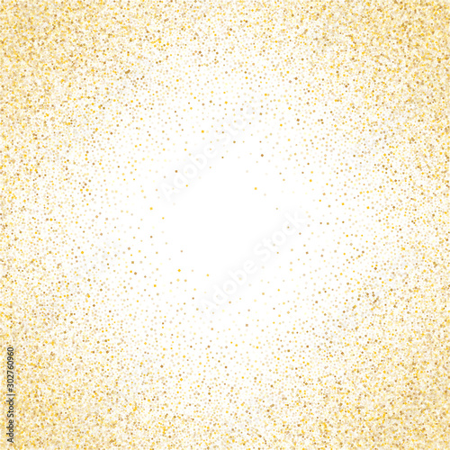 Gold sparkles glitter dust metallic confetti vector frame border background.
