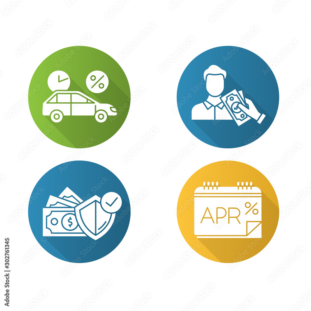 Loan flat design long shadow glyph icons set. Car credit with interest rate. Borrow, loan money. Pay for insurance. Annual percentage rate report. APR calculations. Vector silhouette illustration