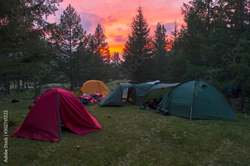 Tourist camp on a background of a beautiful sunset sky.