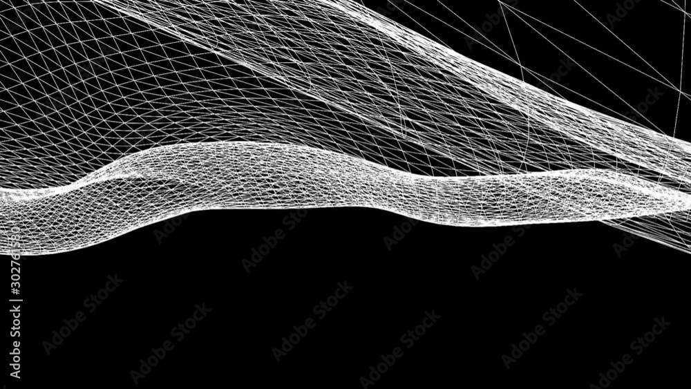 white three-dimensional grid slowly deforms on a black background. 3d rendering abstraction