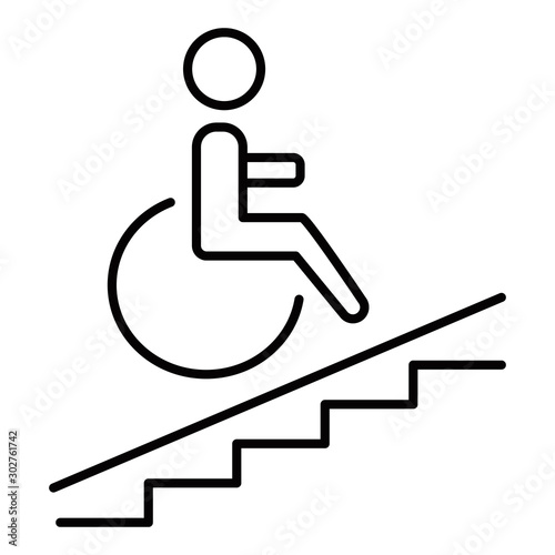 Wheelchair accesslinear icon. Accessible to handicap people. Facilities for disabled persons. Wheelchair ramp. Thin line illustration. Contour symbol. Vector isolated outline drawing. Editable stroke