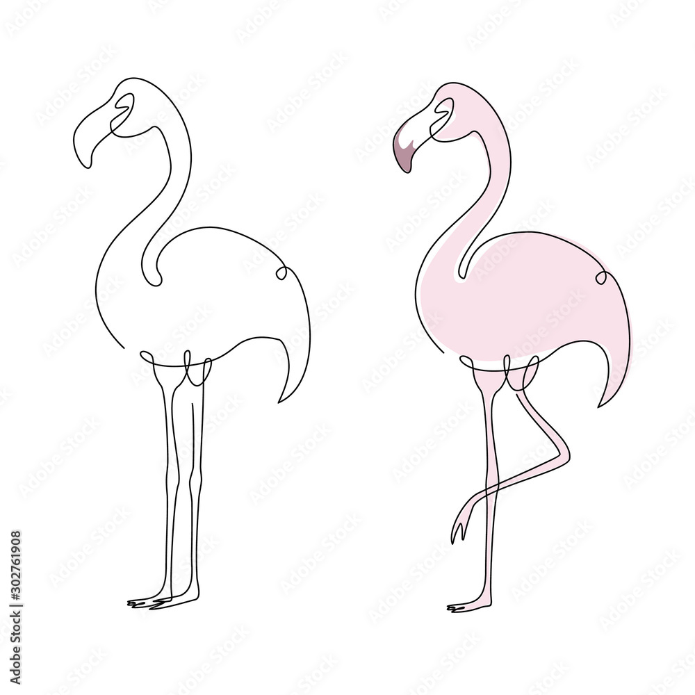 A set of flamingos. Silhouette of a flamingo in a continuous line. Tropical bird drawn by one line. Vector illustration for logo.