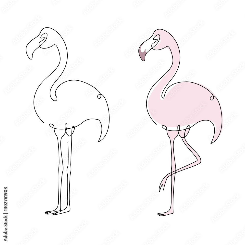 Fototapeta premium A set of flamingos. Silhouette of a flamingo in a continuous line. Tropical bird drawn by one line. Vector illustration for logo.