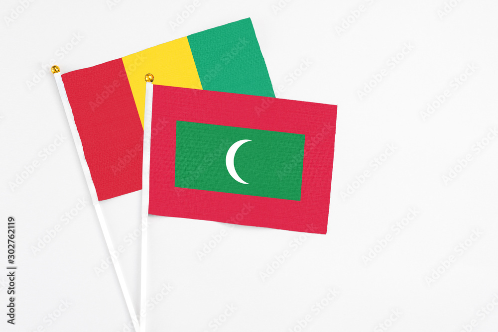Maldives and Guinea stick flags on white background. High quality fabric, miniature national flag. Peaceful global concept.White floor for copy space. Maldives and Guinea stick flags on white background. High quality fabric, miniature national flag. Peaceful global concept.White floor for copy space.