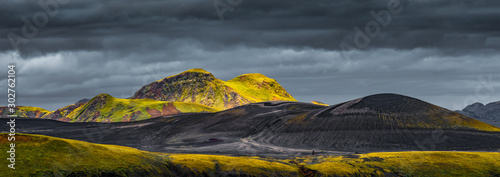 Panoramic view of colorful rhyolite volcanic mountains Landmannalaugar in Icelandic Highlands as pure wilderness in Iceland, summer time, dramatic scenic view photo