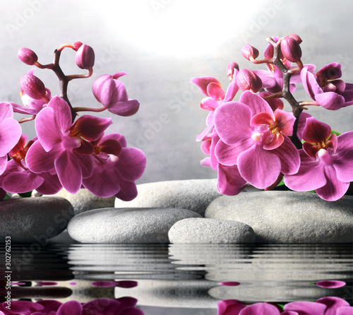 Composition with spa stones, orchid pink flower on grey background.