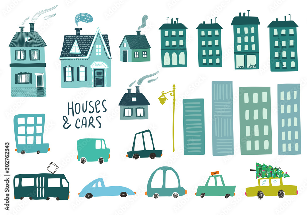 Colorful set of isolated car and house icons.