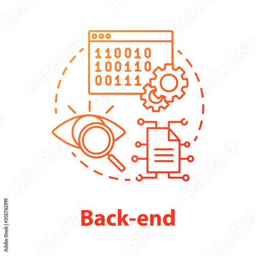 Back-end concept icon. Software development kit idea thin line illustration. Service orchestration. Programming and coding. IT project. Digital data. Vector isolated outline drawing