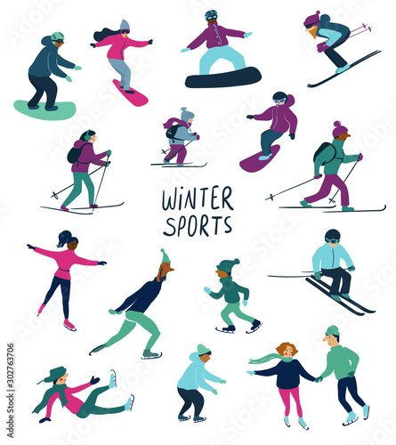 Skating, skiing and snowboarding people icons.