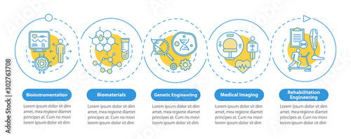 Bioengineering vector infographic template. Business presentation design elements. Bioinstrumentation. Data visualization, five steps, options. Process timeline chart. Workflow layout, linear icons