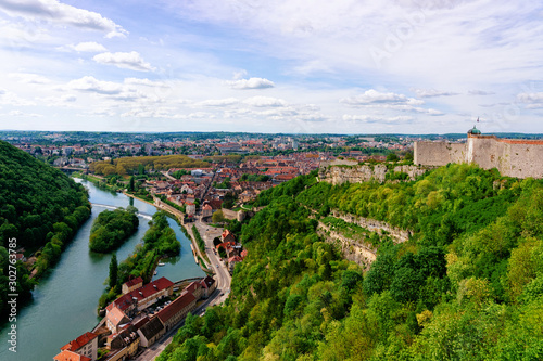 Citadel of Besancon and River Doubs of Bourgogne Franche-Comte region of France. French Castle and medieval stone fortress in Burgundy. Fortress architecture and landscape. View from tower © Roman Babakin