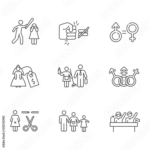 Gender equality linear icons set. Violance against woman. Gender stereotypes. Forced sterilization. Politic rights. Thin line contour symbols. Isolated vector outline illustrations. Editable stroke
