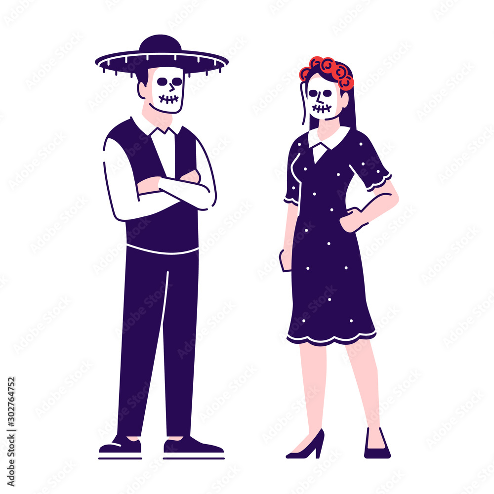 People wearing traditional Mexican day of dead costumes flat vector illustrations set. Cartoon characters with outline elements isolated on white background. Sugar scull face make up People wearing traditional Mexican day of dead costumes flat vector illustrations set. Cartoon characters with outline elements isolated on white background. Sugar scull face make up