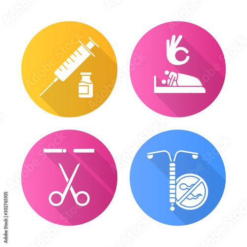 Safe sex flat design long shadow glyph icons set. Vaccination. Sex with consent. Sterilisation, vasectomy. Medical procedure. Fallopian tubes cut. Contraceptive patch. Vector silhouette illustration