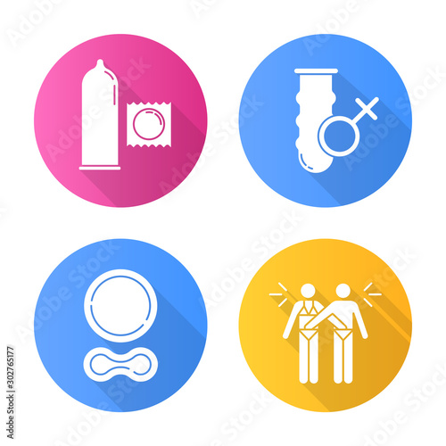 Safe sex flat design long shadow glyph icons set. Female vaginal condom. Male latex preservative. Mutual masturbation. Contraceptive ring. Woman, man in relationship. Vector silhouette illustration