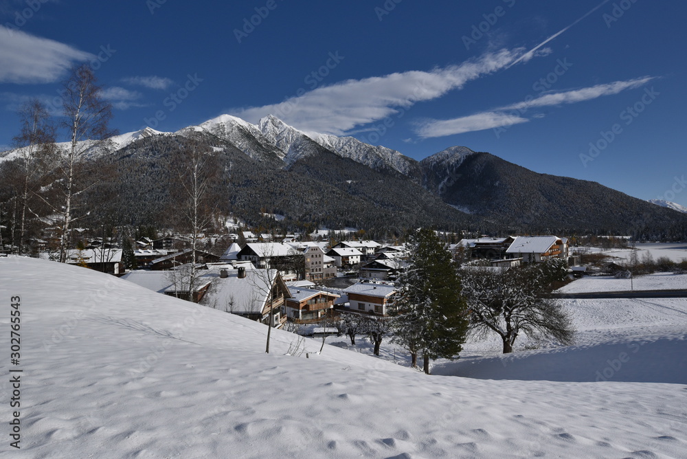 View of Seefeld in winter with mountains in back