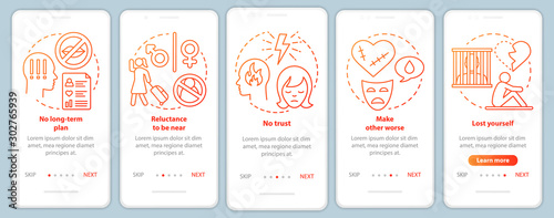 Relationship in trouble onboarding mobile app page screen with linear concepts. No long-term plan walkthrough steps graphic instructions. UX, UI, GUI vector template with illustrations