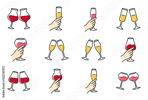 Wine service color icons set. Clinking glasses of red wine and champagne. Hands holding wineglasses. Celebration, party. Wedding. Tasting, degustation. Toast. Isolated vector illustrations