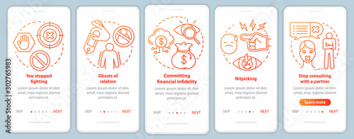 Relationship difficulties onboarding mobile app page screen with linear concepts. Ghost of relations walkthrough steps graphic instructions. UX, UI, GUI vector template with illustrations