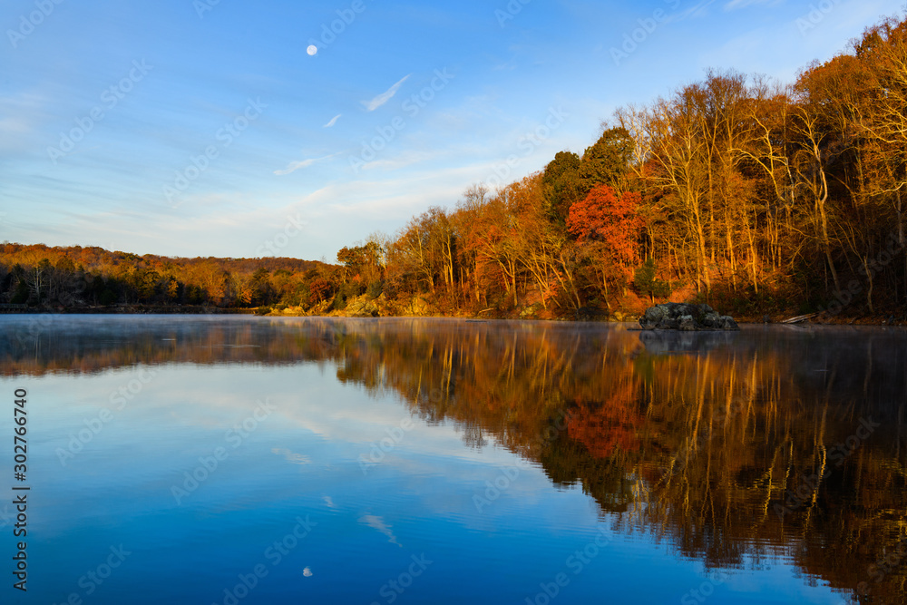 Sunrise Reflections and a Waning Full Moon Over the C&O Canal at Widewater