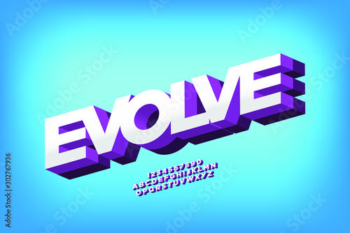 evolve bold 3d display font design, alphabet, letters and numbers.