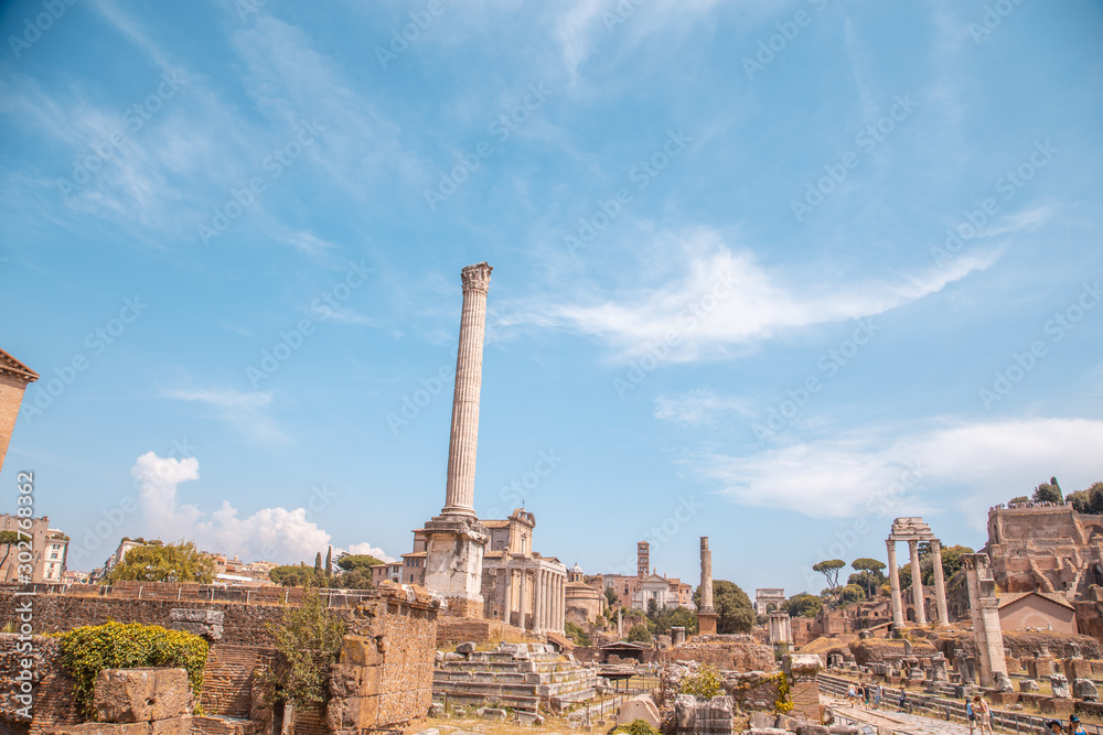 Rome July 31, 2015: ruins of columns in Rome Italy