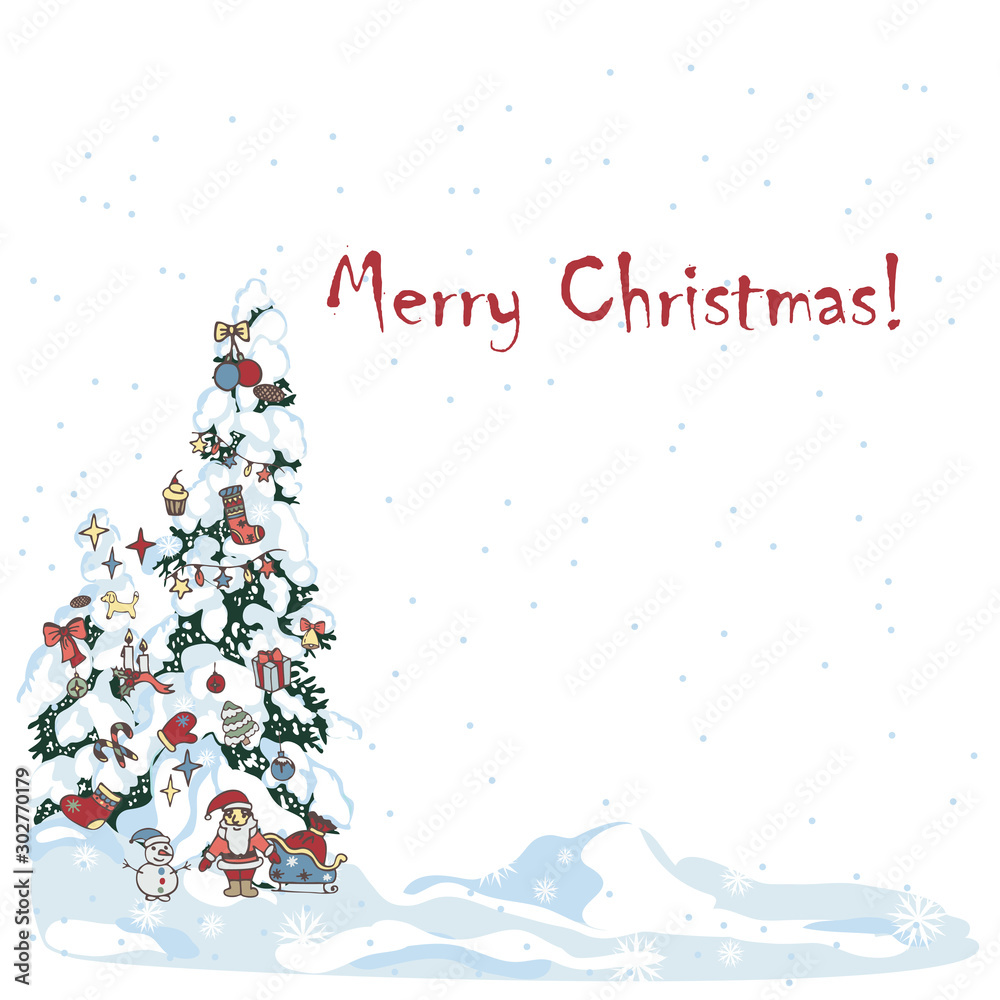 Snow xmas tree. Winter evergreen christmas tree pine with decorated with spruce toys in winter forest. Christmas trees background. New Year background for design of postcard or banner - Vector Snow xmas tree. Winter evergreen christmas tree pine with decorated with spruce toys in winter forest. Christmas trees background. New Year background for design of postcard or banner - Vector