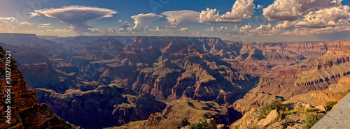 Panorama of the Grand Canyon just east of Zuni Point on the south rim with haze from smoke from a wildfire on the north rim, Grand Canyon National Park, Arizona