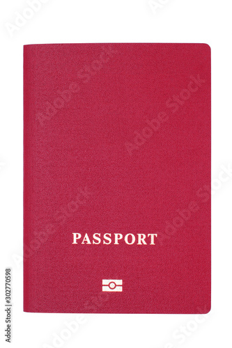Top view on red cover of passport for international travel with copy space isolated on white background. Blank for design, template, mockup design element, clipping path