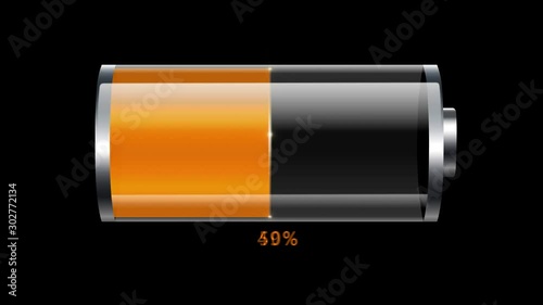 4K 3D Battery charging animation, changing color from red to green with percentage indicator