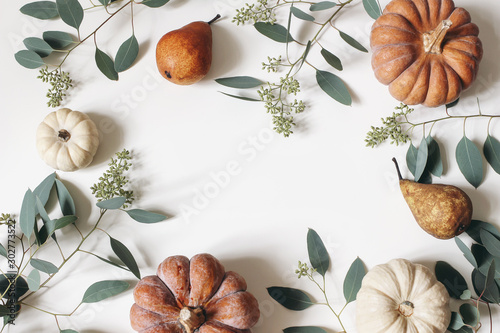 Autumn floral frame, web banner. Garland of berry eucalyptus leaves, branches, pear fruit, orange and white pumpkins isolated on white table background. Fall, Thanksgiving design. Flat lay, top view. photo