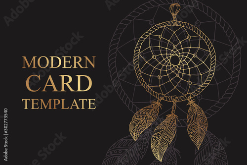 Modern luxury card template for business or presentation or greeting with golden dream catcher on a black background.