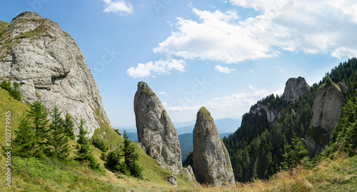 Panoramic view of Claile lui Miron (Miron's Cliffs) in Ceahlău Massif. Carpathians, Romania