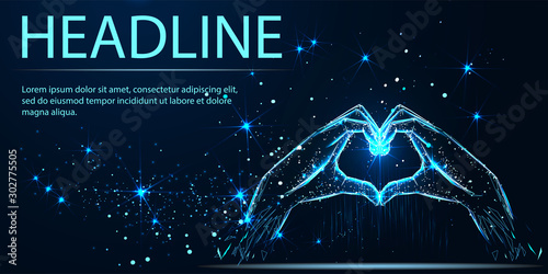 Hands showing heart symbol. Vector low poly wireframe. Love and heart concept. Headline