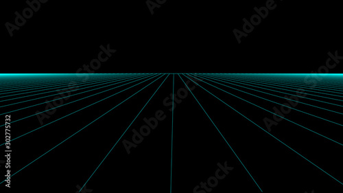 Vector perspective grid. Grid of longitudinal lines. Detailed lines on black background.