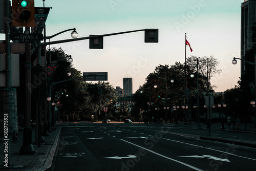 quiet city street in the city at dusk