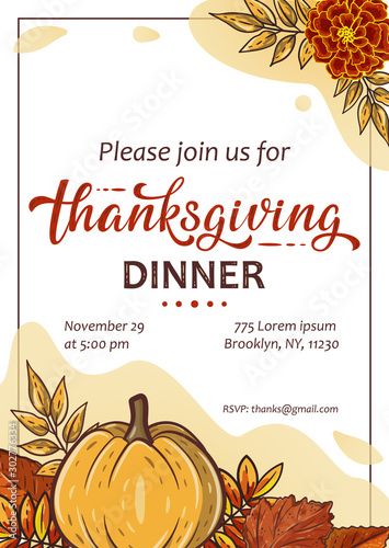 Thanksgiving invitation with pumpkins, leaves and handwritten lettering. Template for a Thanksgiving dinner, for poster, banner, invitation, greeting card, menu. Happy thanksgiving vector illustration