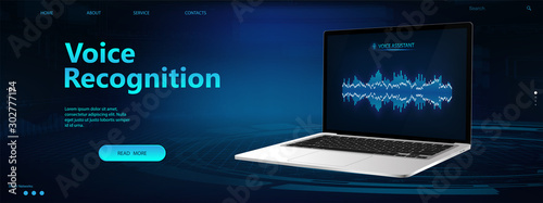 Voice Recognition vector illustration in futuristic style. Landing page design. Microphone voice control technology, voice and sound recognition with isometric laptop mockup. Ai app, online assistant