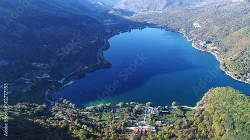 Aerial view of the wonderful heart-shaped Lake Scanno. a beautiful landscape seen by the drone
