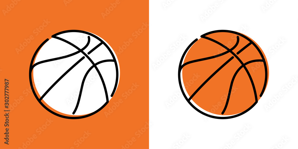 Icono plano lineal pelota de baloncesto en fondo naranja y fondo blanco