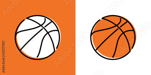Icono plano lineal pelota de baloncesto en fondo naranja y fondo blanco © teracreonte
