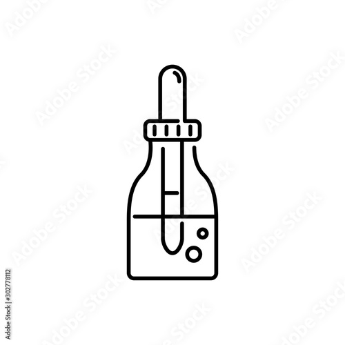 Símbolo laboratorio de química con icono lineal de cuentagotas con botella en color negro	